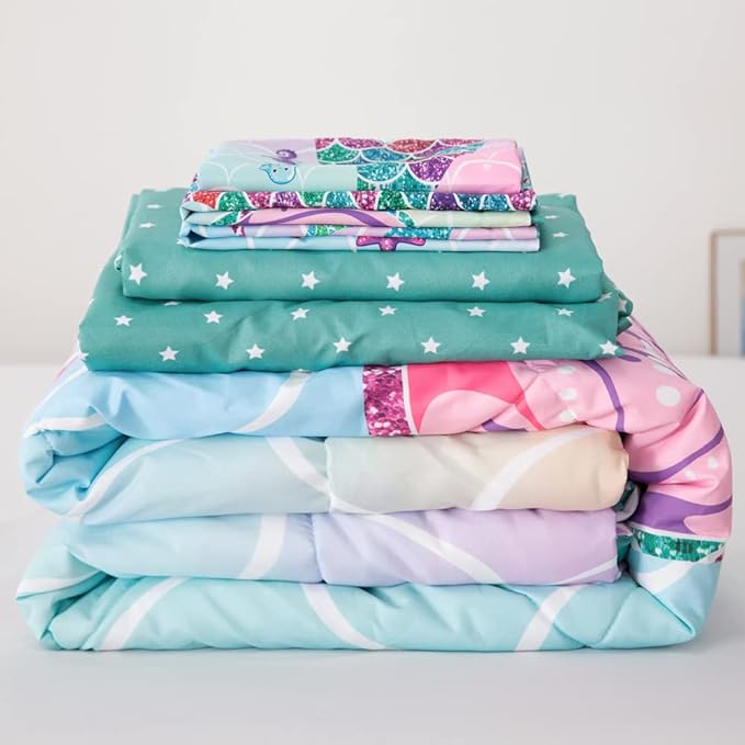 ADASMILE A & S 6 Pieces Mermaid Comforter Twin for Girls Kids Mermaid Bedding Fish Scale with Starfish Turtle Printed Bed in a Bag Comforter and Sheet Set Rainbow Mermaid Scale Bedding Home Decor