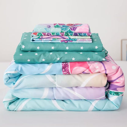 ADASMILE A & S 6 Pieces Mermaid Comforter Twin for Girls Kids Mermaid Bedding Fish Scale with Starfish Turtle Printed Bed in a Bag Comforter and Sheet Set Rainbow Mermaid Scale Bedding Home Decor
