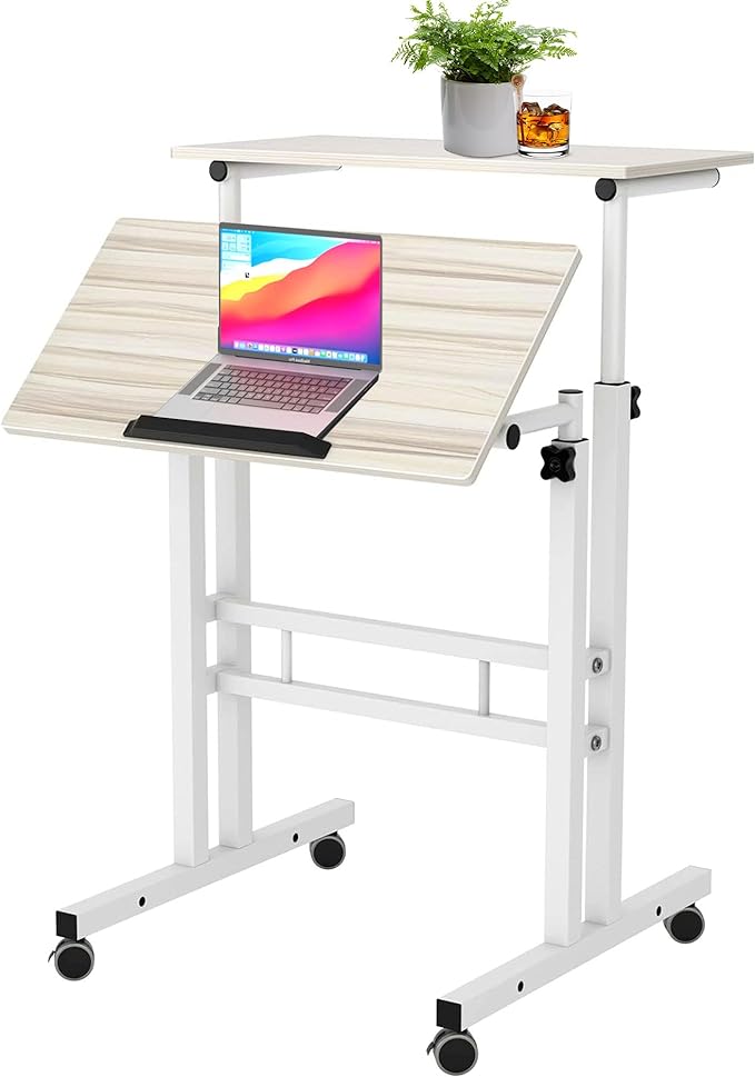 sogesfurniture Mobile Standing Desk Laptop Workstation on Wheels, Adjustable Computer Desk for Standing or Sitting, Maple 101-MP