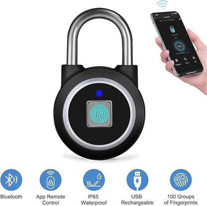 Fingerprint Padlock, Bluetooth Lock, Mobile APP, MEGAFEIS Smart Padlock with Keyless Biometric, Water Resistant, Suitable for Gym, Sports, Bike, School, Fence and Storage(Black)