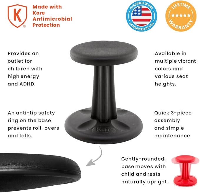Kore Kids Wobble Chair - Flexible Seating Stool for Classroom & Elementary School, ADD/ADHD - Made in The USA - Age 6-7, Grade 1-2, Black (14in)