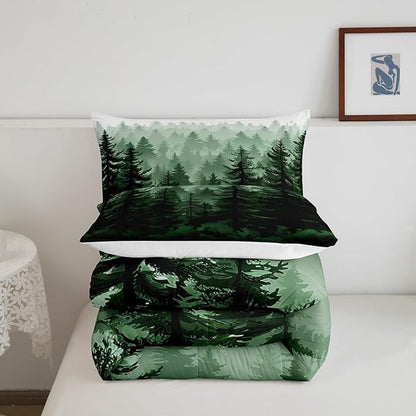 Feelyou Fog Forest Comforter Botanical Pine Trees Comforter Set for Boys Girls Children Watercolor Style Green Comforter Set Room Decor Queen Size Duvet Set 3Pcs