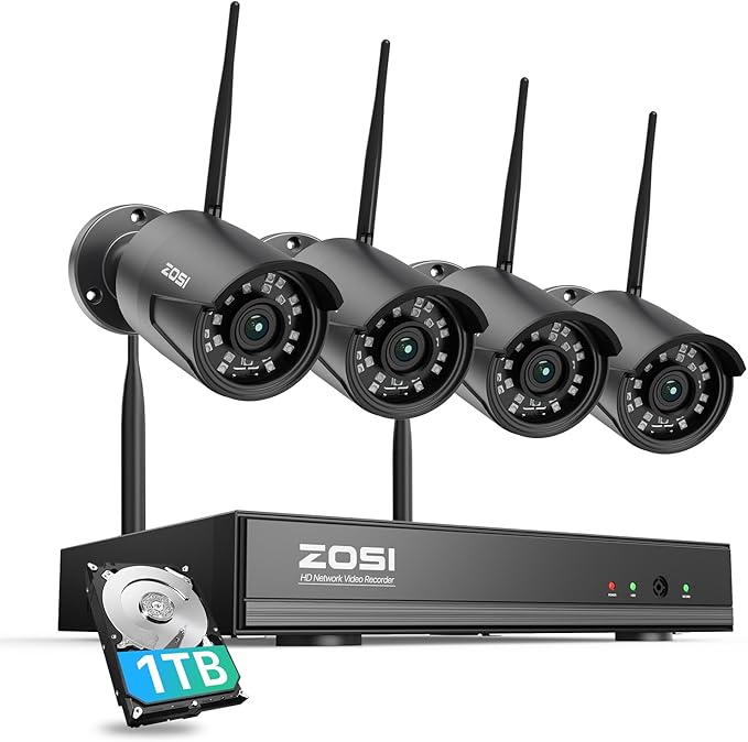 ZOSI Wireless Home Security Camera System Outdoor, 2K 3MP H.265+ 8 Channel CCTV NVR with 1TB HDD for 24/7 Record, 4 x 3MP WiFi IP Camera, Plug-in, Color Night Vision, Spotlight, Remote Access