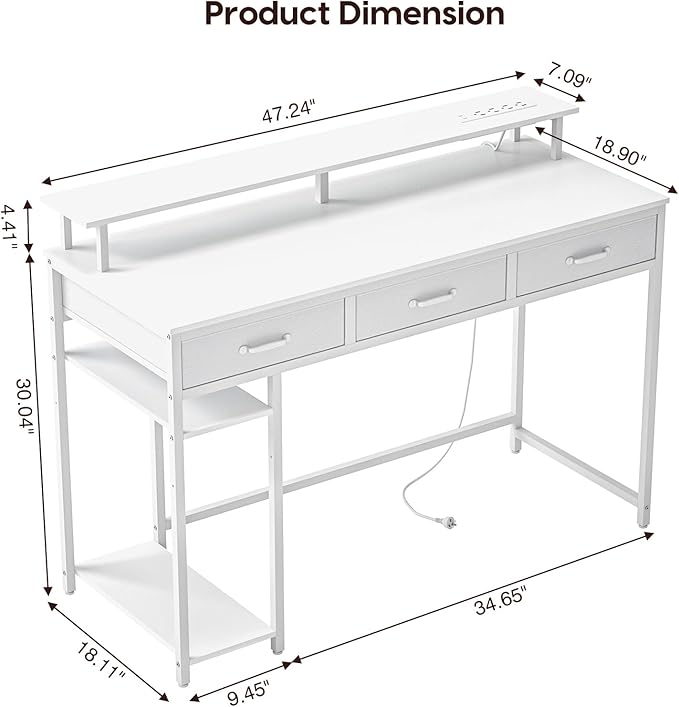 Computer Desk with Drawers and Storage Shelves, Home Office Desk with LED Lights & Power Outlets, Gaming Desk with Monitor Stand, Writing Study Desk, Kids Small Desk for Bedroom, White
