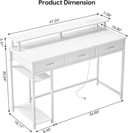Computer Desk with Drawers and Storage Shelves, Home Office Desk with LED Lights & Power Outlets, Gaming Desk with Monitor Stand, Writing Study Desk, Kids Small Desk for Bedroom, White