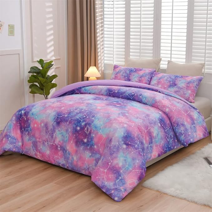 Holawakaka Tie Dye Constellation Print Ombre Comforter Set Queen Size Girls Boys Gradient Galaxy Bedding Sets(Purple, Queen)
