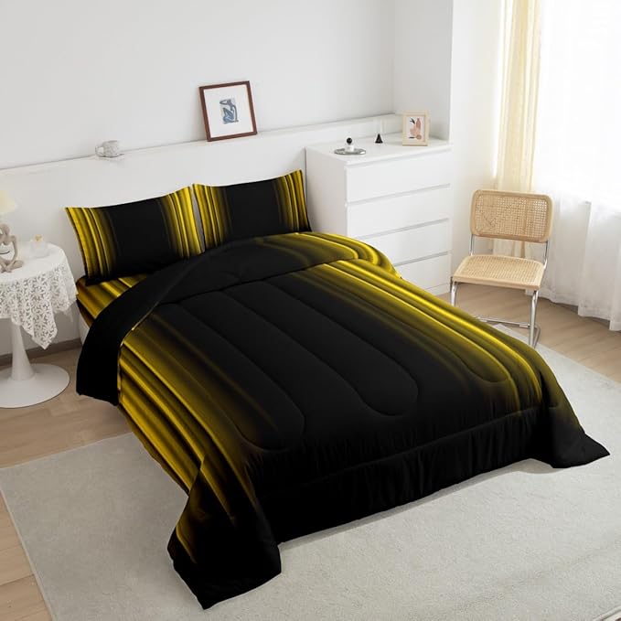 Geometric Abstract Ombre Bedding Bed Set Men Adults Teens Yellow and Black Striped Comforter Set Kids Boys Girls Simple Modern Comforter Inner Fill Bedroom Collection 3Pcs Queen Size