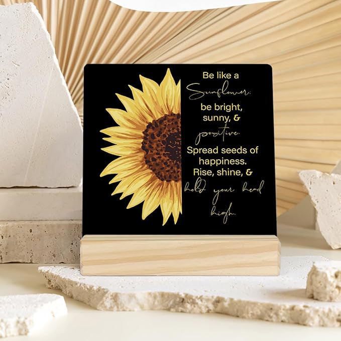 MUBIAO Sunflower Wooden Plaque Sign Desk Decor, Motivational Sunflower Quote Wood Stand Signs Desk Decor, Rustic Decor for Home Office Shelf Desk 4 x 4 Inches