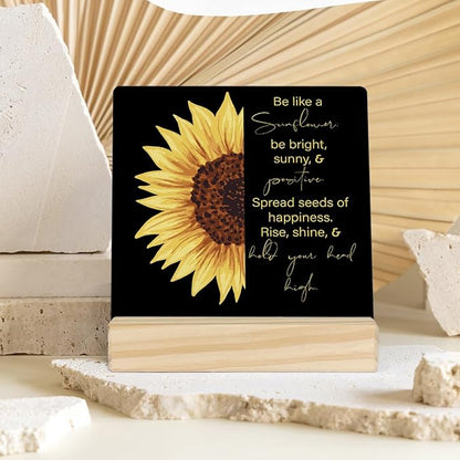 MUBIAO Sunflower Wooden Plaque Sign Desk Decor, Motivational Sunflower Quote Wood Stand Signs Desk Decor, Rustic Decor for Home Office Shelf Desk 4 x 4 Inches