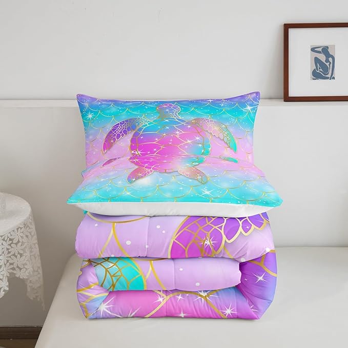 Erosebridal Mermaid Scales Comforter Set for Girls, Tortoise Reptile Bedding Set Twin Size, Sea Turtle Ocean Life Duvet Sets for Kids Children Boys Women, Sweet Girly Down Comforter, Teal Blue