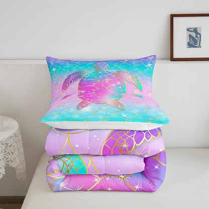 Erosebridal Mermaid Scales Comforter Set for Girls, Tortoise Reptile Bedding Set Full Size, Sea Turtle Ocean Life Duvet Sets for Kids Children Boys Women, Sweet Girly Down Comforter, Teal Blue