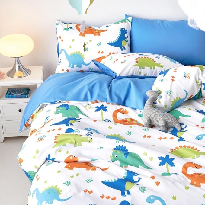 Wake In Cloud - Dinosaur Bedding Set for Boys, Cute Colorful Dinosaur Comforter Set with Sheets, 5 Pieces Kids Bed in a Bag, White Blue, Twin Size