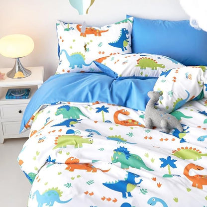 Wake In Cloud - Dinosaur Bedding Set for Boys, Cute Colorful Dinosaur Comforter Set with Sheets, 5 Pieces Kids Bed in a Bag, White Blue, Twin Size