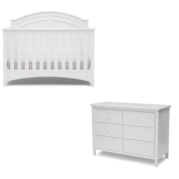 Delta Children Haven 6 Drawer Dresser, White + Perry 6-in-1 Convertible Crib - Greenguard Gold Certified, White (Bundle)
