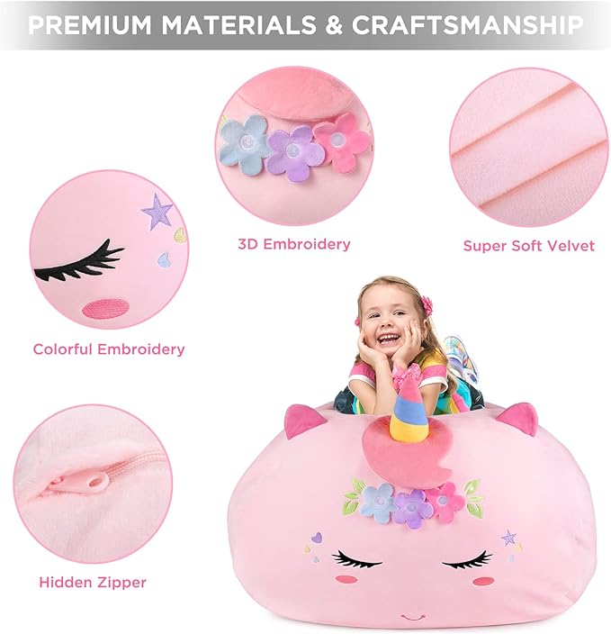 GAGAKU Stuffed Animal Bean Bag Cover Toy Storage, 24 Inches Kids Bean Bag Chair Cover ONLY Pink Unicorn Large Zipper Bean Bag for Organizing Kids Plush Toys Home Supplies (Cover Only)