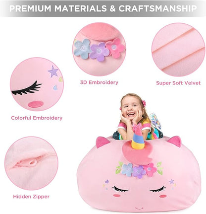 GAGAKU Stuffed Animal Bean Bag Cover Toy Storage, 24 Inches Kids Bean Bag Chair Cover ONLY Pink Unicorn Large Zipper Bean Bag for Organizing Kids Plush Toys Home Supplies (Cover Only)