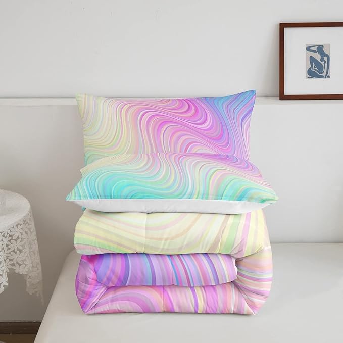 Pastel Rainbow Comforter Set with Pillowcases Abstract Wave Stripes 3D Printed Designs 3 Piece Bedroom Duvet Set Psychedelic Girl Bed Down Comforter for Kids Women Dorm Room (King,Coulourful Marble)