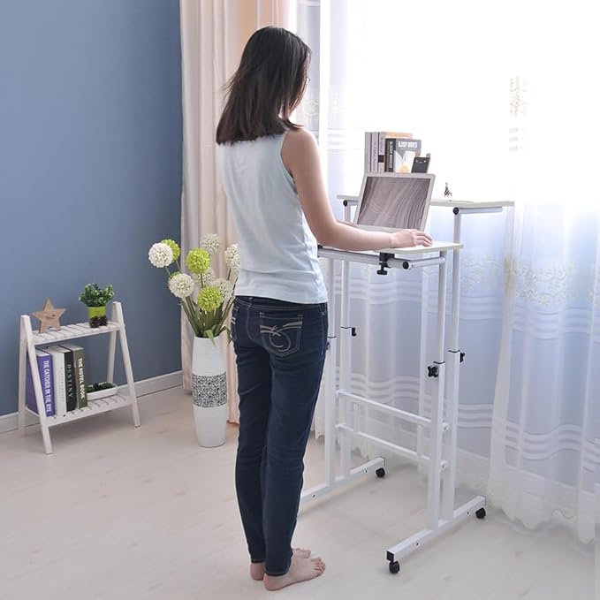 DlandHome Mobile Standing Desk Stand Up Desk Rolling Desk, Stand Sit Desk Mobile Computer Desk Adjustable Standing Desk 23.6inches Table Workstation Mobile Desk Cart Tray White