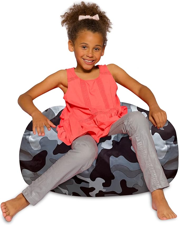 Posh Creations Bean Bag Chair for Kids, Teens, and Adults Includes Removable and Machine Washable Cover, Soft Nylon - Camo Gray and White, 27in - Medium