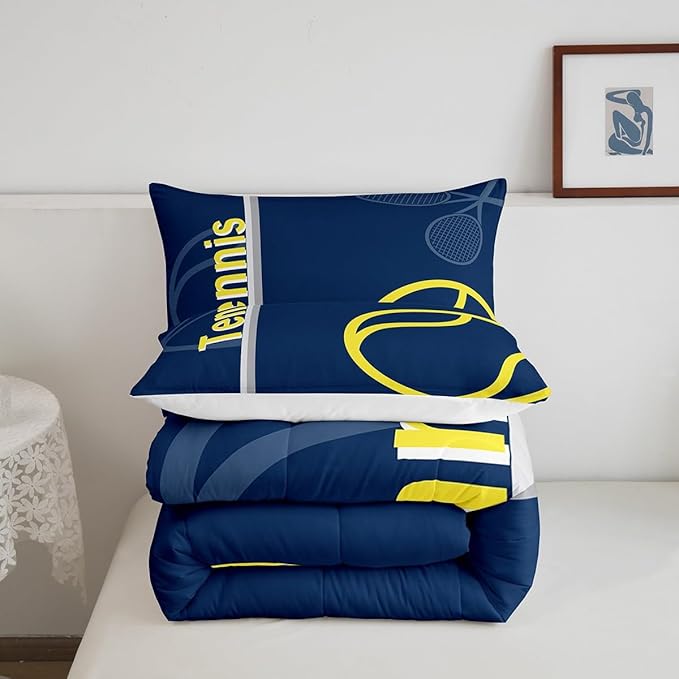 Feelyou Kids Tennis Comforter Set Full Size Tennis Sports Bedding Set for Boys Girls Teens Bedroom Decor Tennis Gaming Comforter Blue Yellow Tennis Lovers Duvet Set with 2 Pillow Case