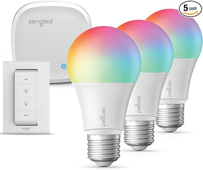 Sengled Color Changing Bulbs That Works with Alexa, Google Home, 3 Pack Starter Kit with Smart Switch, RGB Light A19 E26 Dimmable LED 60W Equivalent, 800LM, 5 Piece Set, White, 3 Count