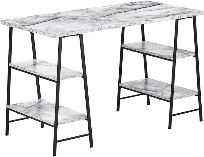 Monarch Specialties 7527 Computer Desk, Home Office, Laptop, Storage Shelves, 48" L, Work, Metal, Laminate, White Marble Look, Black, Contemporary, Modern Desk-48, 47.25" L x 23.75" W x 30" H
