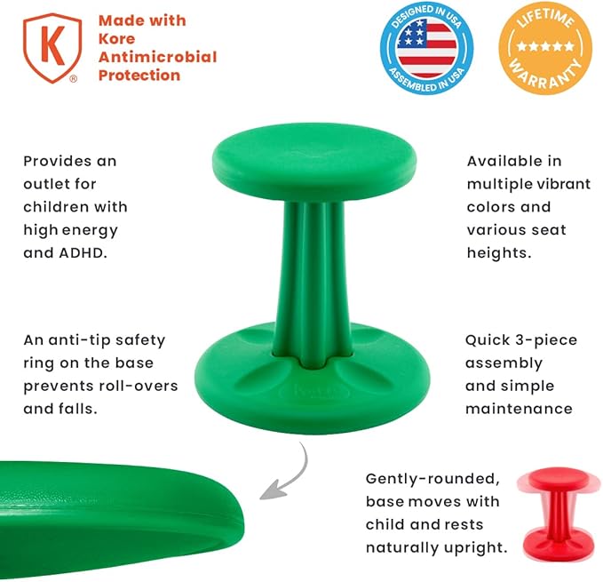 Kore Kids Wobble Chair - Flexible Seating Stool for Classroom & Elementary School, ADD/ADHD - Made in The USA - Age 6-7, Grade 1-2, Green (14in)