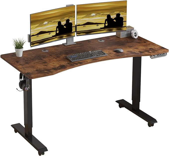 Mobile Rolling Electric Standing Desk Height Adjustable, 55 x 30 Inches Sit to Stand Desk with Splice Board, Black Frame/Rustic Brown Top