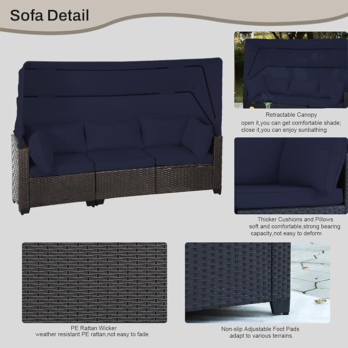 6 PCS Outdoor Patio Furniture Set,Sectional Sofa Set,Rattan Daybed with Retractable Canopy,Adjustable Backrest,Storage Coffee Table,Chaise Chair Sunbed for Garden Poolside Backyard(Navy Blue)