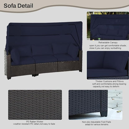 6 PCS Outdoor Patio Furniture Set,Sectional Sofa Set,Rattan Daybed with Retractable Canopy,Adjustable Backrest,Storage Coffee Table,Chaise Chair Sunbed for Garden Poolside Backyard(Navy Blue)