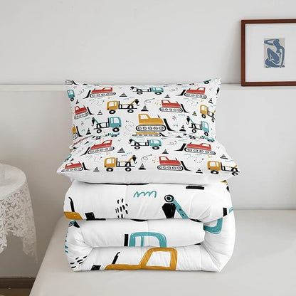 Boys Cartoon Car Comforter Set, Kids Construction Vehicles Comforter for Kids Children Cartoon Truck Bedding Set Cute Cars Teal Red Yellow Quilt Set Bedroom Collection 3Pcs Full Size