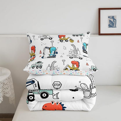 Feelyou Kids Cartoon Car Comforter Set Construction Bedding Set Full Size Tractor Vehicle Truck Comforter for Kids Boys Girls Cute Dinosaur Quilt Set Yellow Blue Soft for Teens Child Room Decor