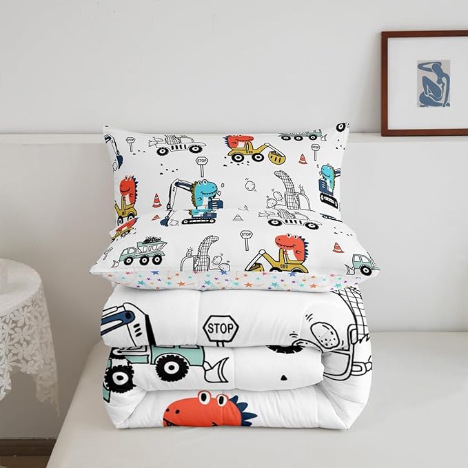 Feelyou Kids Cartoon Car Comforter Set Construction Bedding Set King Size Tractor Vehicle Truck Comforter for Kids Boys Girls Cute Dinosaur Quilt Set Yellow Blue Soft for Teens Child Room Decor