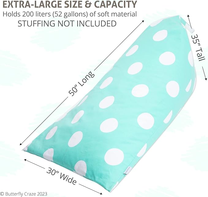 Butterfly Craze Bean Bag Chair Cover, Functional Toddler Toy Organizer, Fill with Stuffed Animals to Create a Jumbo, Comfy Floor Lounger for Boys or Girls, Stuffing Not Included, Aqua Polka Dots