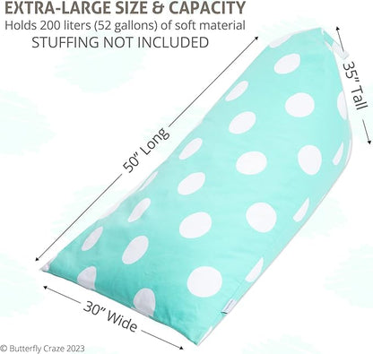 Butterfly Craze Bean Bag Chair Cover, Functional Toddler Toy Organizer, Fill with Stuffed Animals to Create a Jumbo, Comfy Floor Lounger for Boys or Girls, Stuffing Not Included, Aqua Polka Dots