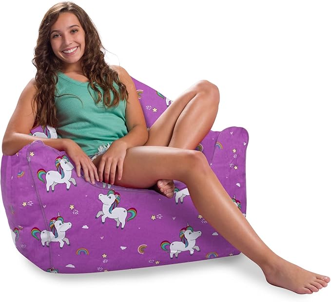 Posh Creations Structured Comfy Bean Bag Chair for Gaming, Reading, and Watching TV, Malibu Lounge, Canvas - Unicorn and Rainbows on Purple