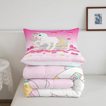 Girls Unicorn Comforter Set Twin Girly Fantasy Rainbow Unicorn Bedding Set for Kids Little Girls, Pink Love Heart Duvet Sets Dreamy Horse Cartoon Magical Animal Down Comforter with 1 Pillowcase
