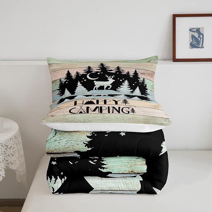 Camper Decor Quilt Bedding For Full Rustic Farmhouse Camping Comforter Set Woodland Animal Deer Rv accessories Bedding Sets Gifts For Teen Boys Girls Black Green Wooden Board Bunks Decor 2 Pillowcases