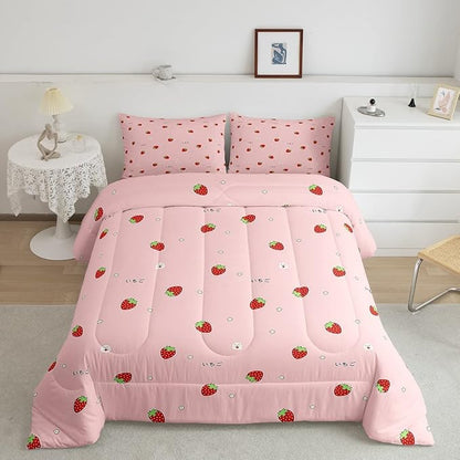 Girls Strawberry Comforter Set King Kawaii Strawberry Comforter for Kids Japanese Style Pink Cute Cartoon Fruit Food Theme Bedding Set Girly White Floral Down Comforter Reversible Soft Lightweight