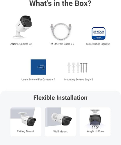 ANNKE 2 Pack 5MP PoE Bullet Security Cameras with Mic/Audio, Outdoor IP Cameras with 2.8mm Lens Wide Angle, 100ft Color Night Vision, IP67 Waterproof, RTSP, 5MP@20fps, Up to 256GB Micro SD Card- C500
