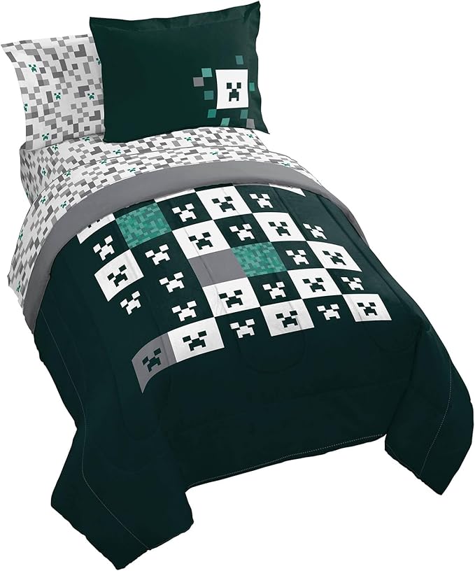 Minecraft Creeper Twin Comforter Set - 5 Piece Gamer Bedding includes Sheet Set & Pillow Covers - Super Soft Checkered Kids Bedding