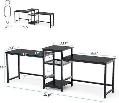 Tribesigns 96.9" Double Computer Desk with Printer Shelf, Extra Long Two Person Desk Workstation with Storage Shelves, Large Office Desk Study Writing Table for Home Office (Black)