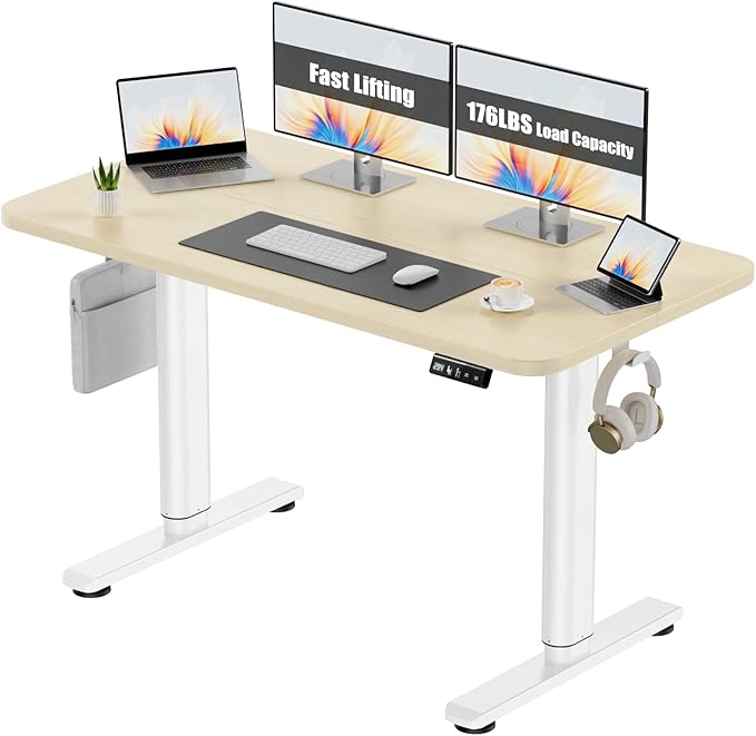 Electric Standing Desk Adjustable Height Stand Up Desk, 48" x 24" Sit Stand Desk, Low Noise Home Office Desk, Computer Desk with Splice Board, Child Lock & Memory Function, Maple