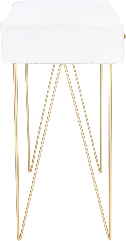Safavieh Home Office Collection Marigold White Wash and Brass 1-Drawer Hairpin Leg Desk, 0