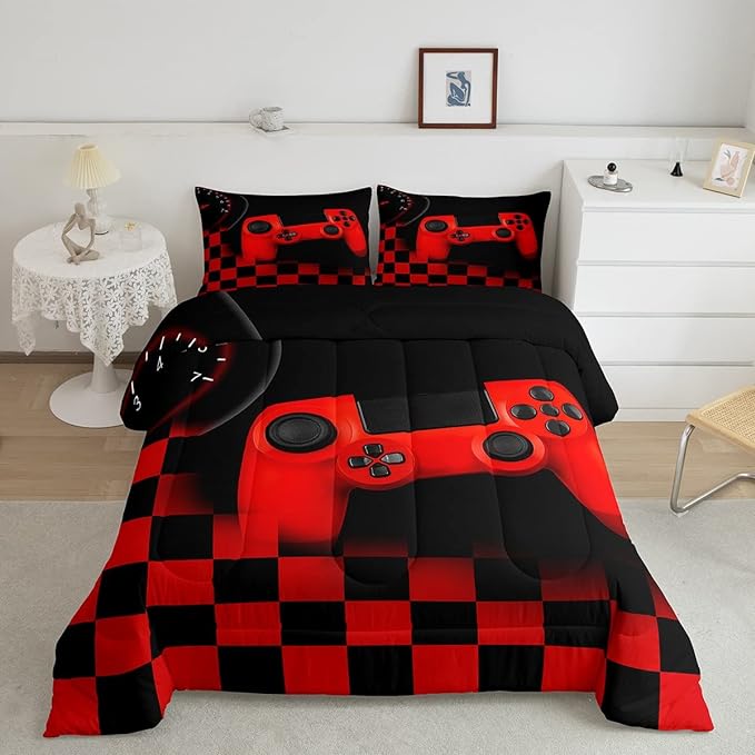 Erosebridal Gamer Bedding Sets for Boys，Gaming Comforter Sets King for Kids Teen Boys Gamer Room Decor,Video Game Gamepad Duvet Insert,Plaid Check Grid Artwork Down Comforter 3pcs,Black Red