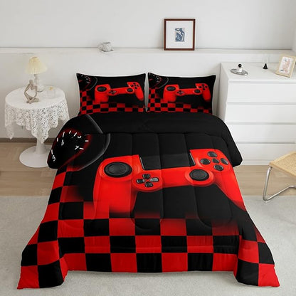Erosebridal Gamer Bedding Sets for Boys，Gaming Comforter Sets King for Kids Teen Boys Gamer Room Decor,Video Game Gamepad Duvet Insert,Plaid Check Grid Artwork Down Comforter 3pcs,Black Red