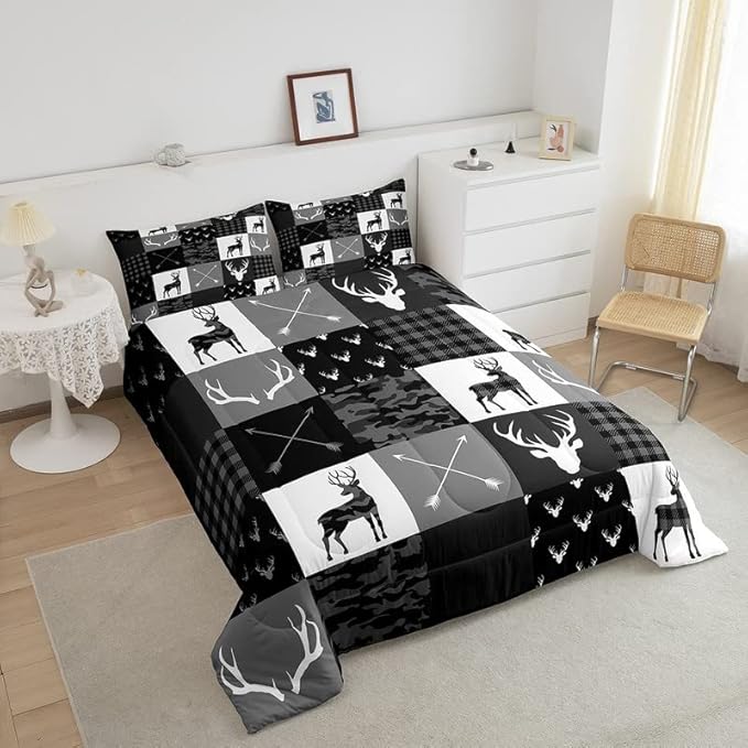 Deer Silhouette Comforter Set Queen Size,Camo Western Rustic Farmhouse Xmas Bedding Set 3pcs for Kids Teens Home Room Decor,Antlers Arrow Geometric Quilt Set,Black Grey Duvet Insert,2 Pillowcases
