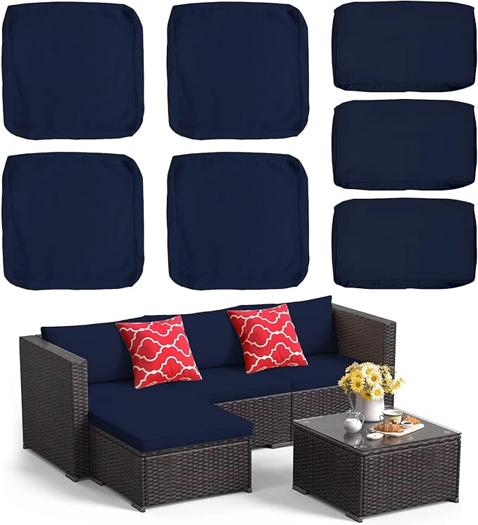 ClawsCover 7Pack Outdoor Patio Seat and Back Cushions Replacement Covers Fit for 3/5 Pieces 4-Seater Wicker Rattan Furniture Conversation Set Sectional Couch,Navy-Small (Include Cover Only)
