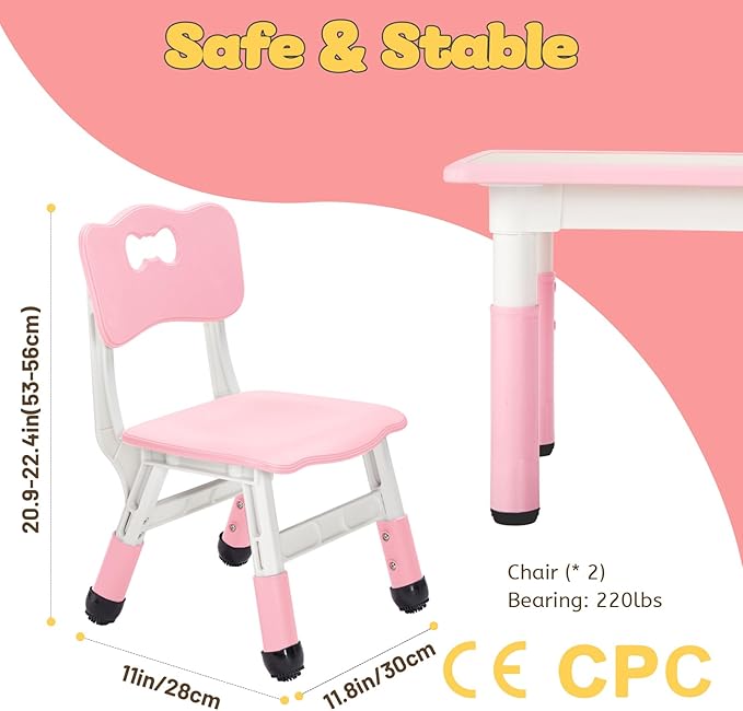 FUNLIO Adjustable Kids Chair (2pcs), 3 Level Height Adjustable Toddler Chair for Ages 3-8, Sturdy Child Chair with Maximum Bearing 220lbs, for Classrooms/Daycares/Homes, CPC & CE Approved - Pink