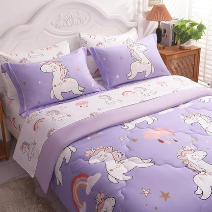 Wajade Kids Purple Unicorn Comforter Set Bed in A Bag Full Size 7 Piece Cute Unicorn Rainbow Clouds Bedding Set for Girls (1 Comforter, 1 Flat Sheet, 1 Fitted Sheet, 2 Pillowcase and 2 Pillow Sham)